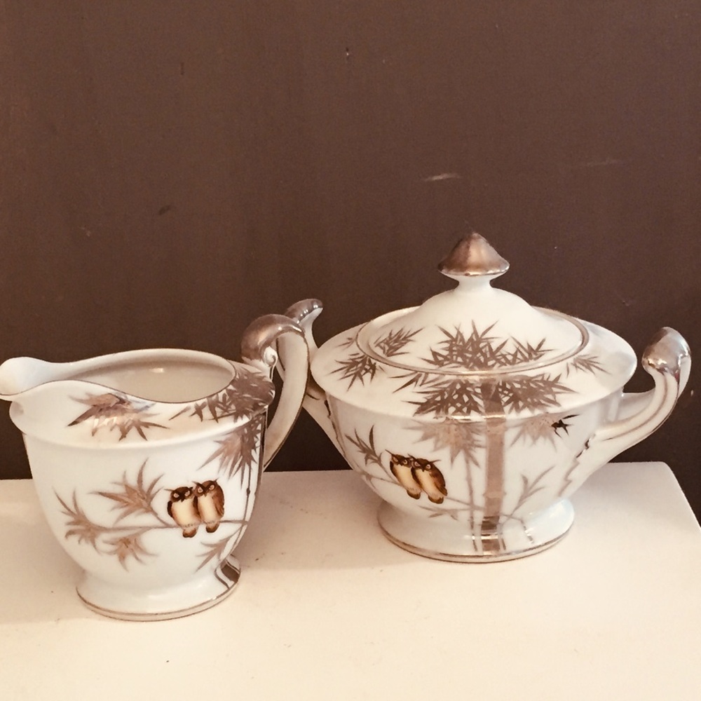 Vintage Hand Painted Porcelain Asian Bamboo Pattern Owl Sugar Bowl & Creamer